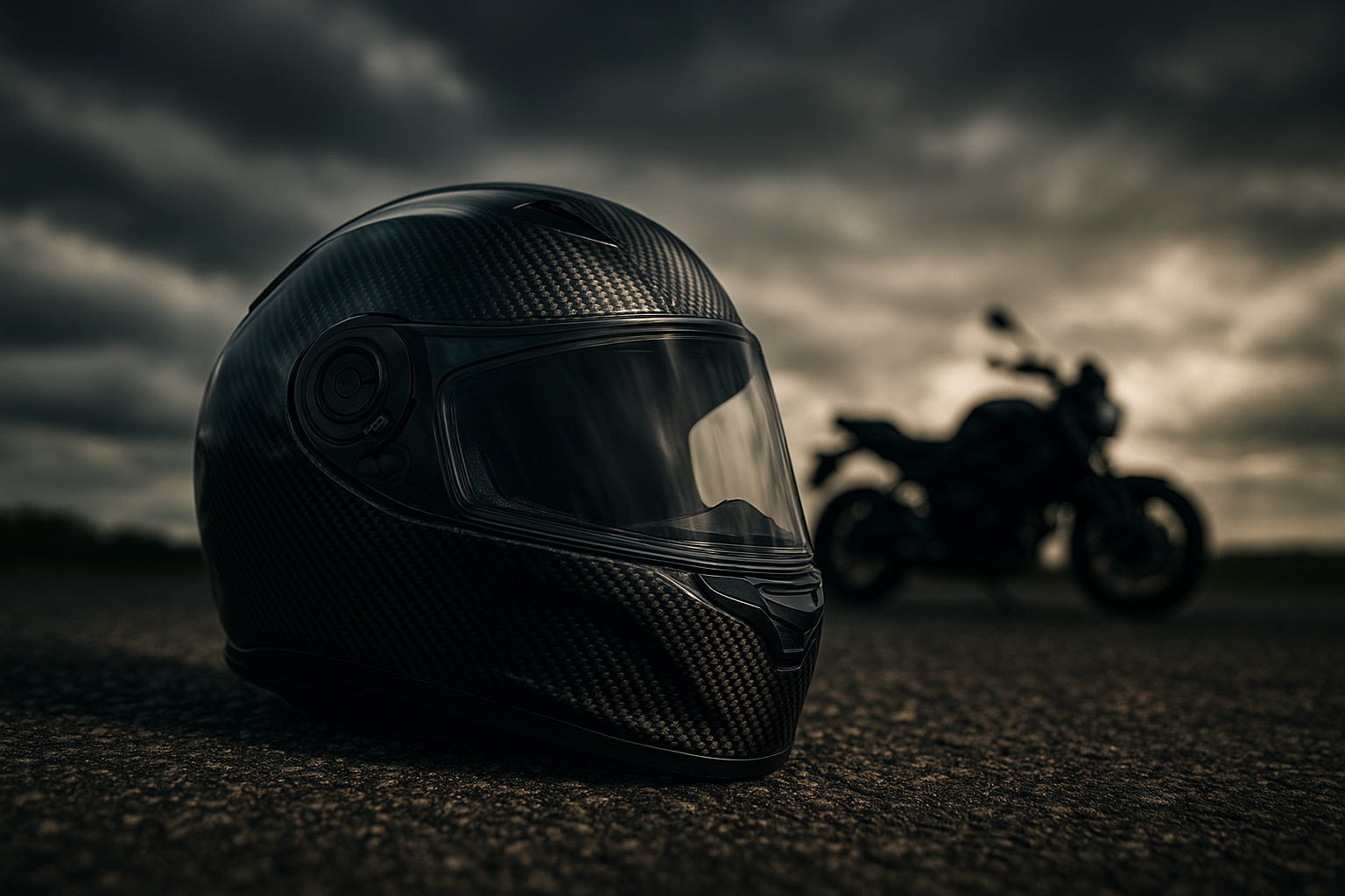 A close-up, wide-angle photo of a carbon-fiber full-face motorcycle helmet resting on rough asphalt, with a blurred motorcycle silhouette in the background against a dramatic, moody sky. High-contrast lighting highlights the helmet’s visor and materials, emphasizing motorcycle helmet safety.
