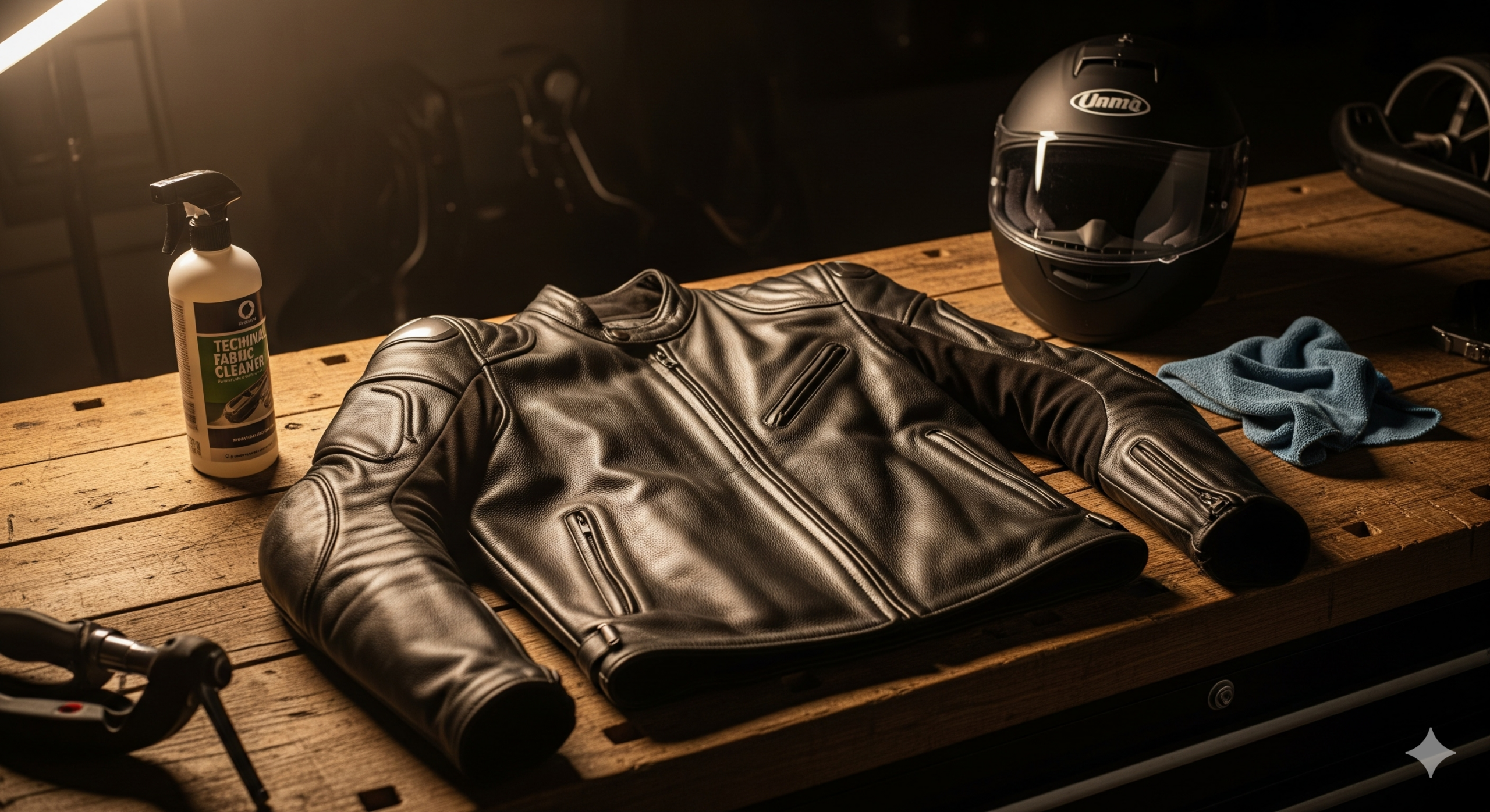Workbench setup for motorcycle gear maintenance featuring a leather jacket, technical cleaning supplies, and a full-face helmet.